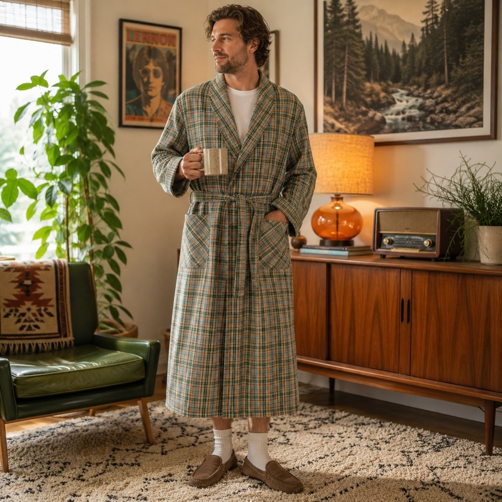Vintage 70s JCPenney Plaid Robe Housecoat Belted Green Orange Retro Mens L 42-44